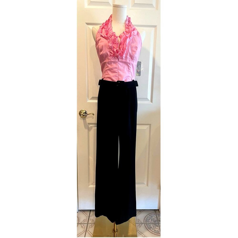 NWT Linea Domani Pink Ruffle Halter Black Wide Leg Belted Jumpsuit Set Size 8